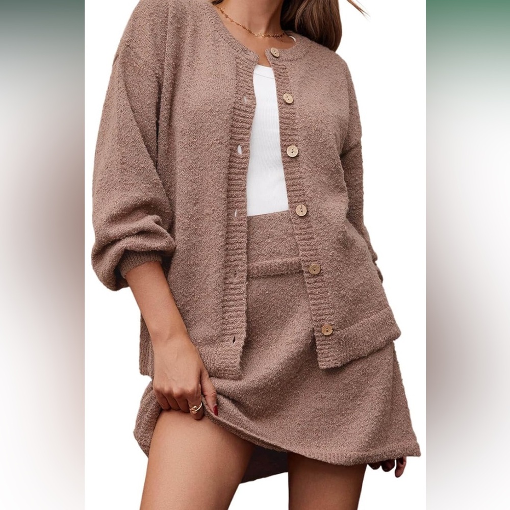 NWOT Cozy Brown Knit Cardigan and Skirt Set